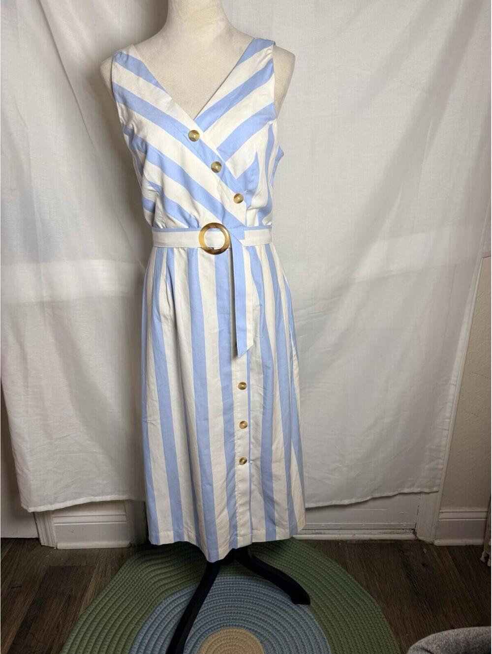 Alex Marie Cotton Blend Summer Dress, Blue White Stripes, Buttons, Size 6
